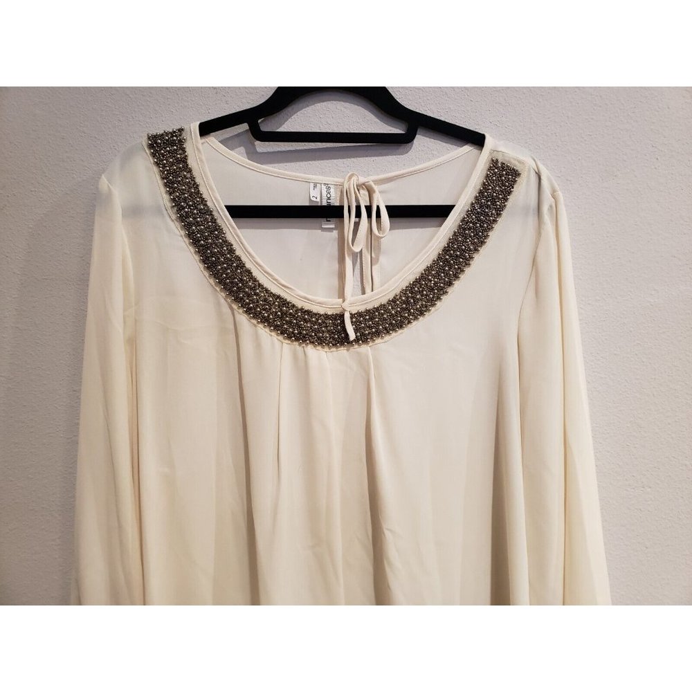 Maurices plus sz 2 Ivory semi-sheer‎ Long Sleeve Beaded Neck keyhole back top - Picture 2 of 6